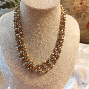⭐️3/$30 Vintage Grey Beaded Rosary Style Multi Strand Necklace Gold Tone Boho